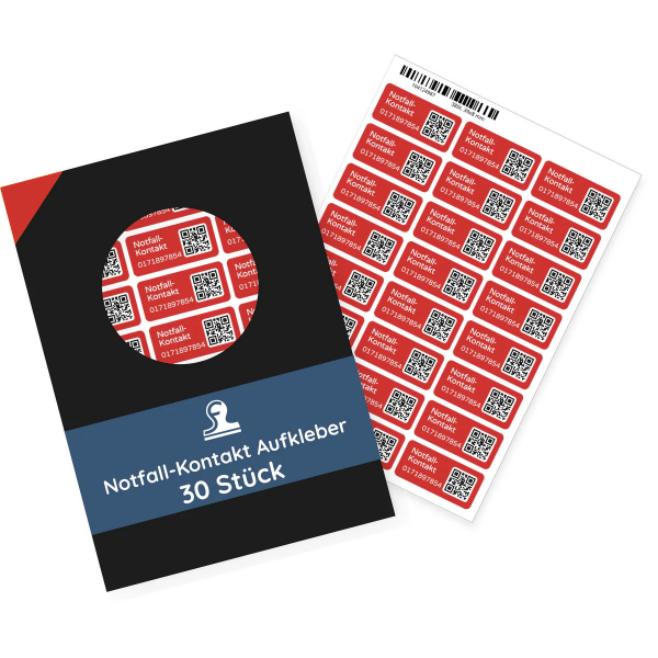 Notfallkontakt-Aufkleber mit Telefonnummer & QR-Code, stark haftend (30x13 mm)